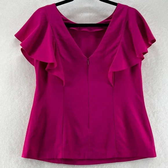Banana Republic Top Womens Sz 6 Round Neck Flutter Sleeve V-Back Fuchsia Pink - Picture 4 of 11